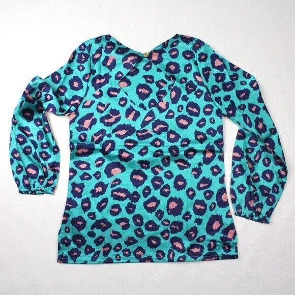 Tracy Negoshian Tunic Top S Blue Printed Leopard Print Blouse Cutout Pull Over - Picture 3 of 5